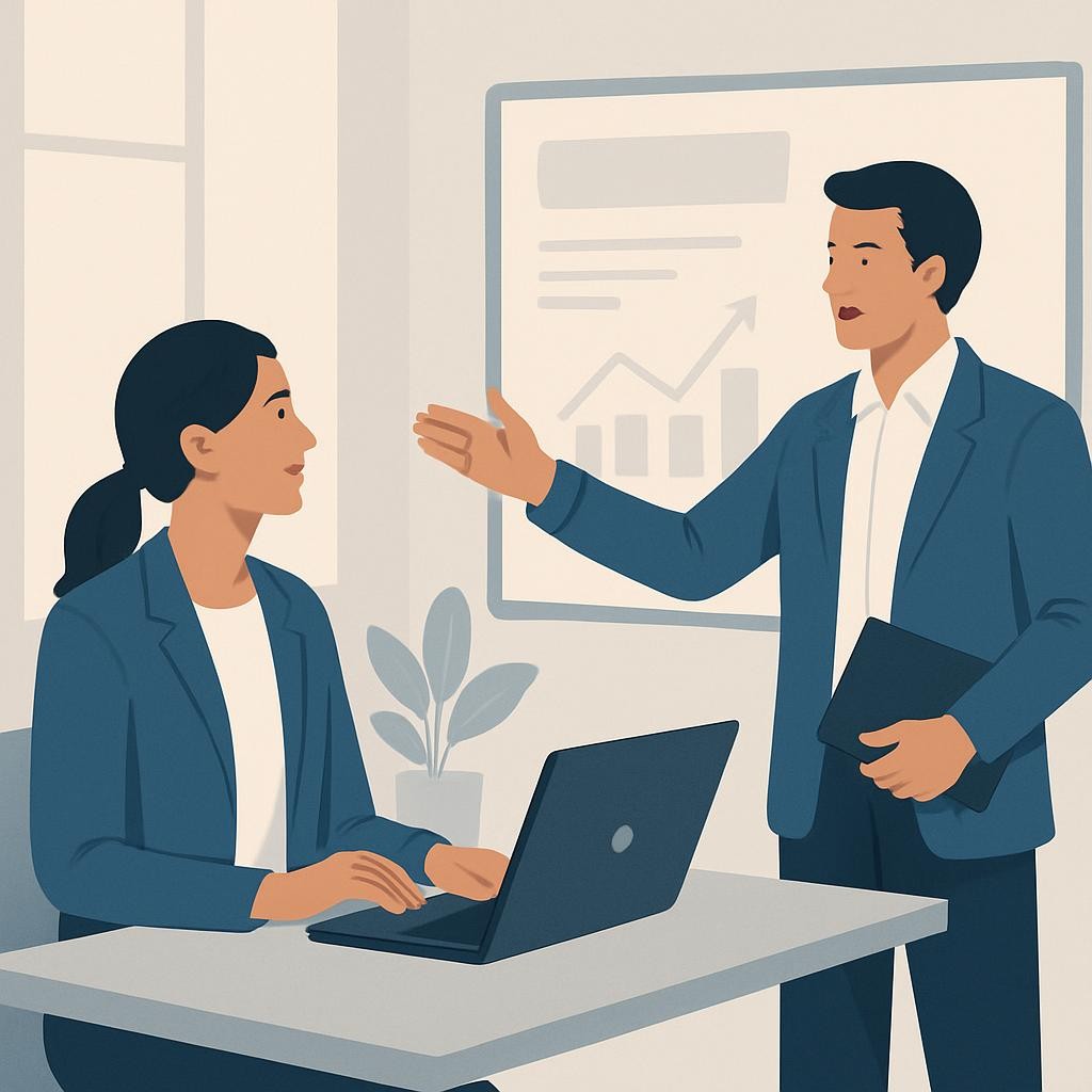 Consulenza e formazione (business consulting and training): A modern, clean illustration of two professionals interacting, one presenting or explaining concepts to another in an office or educational context. Colors should be professional and inviting.